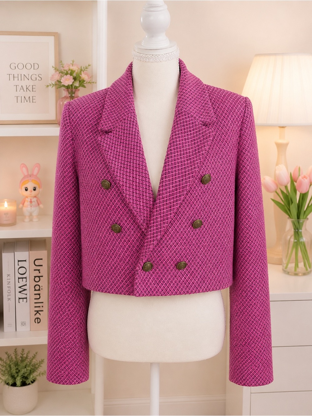 ZARA Pink Tweed Cropped Blazer Jacket Gold Button Size L